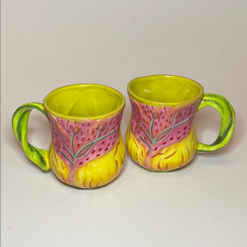 TRACY Set of 2 Floral Ceramic Mugs Pink Yellow Green | Coastal Whimsi Nature